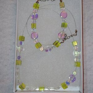 HANDMADE Necklace & Bracelet SET Transparent green glass beads iridescent beads